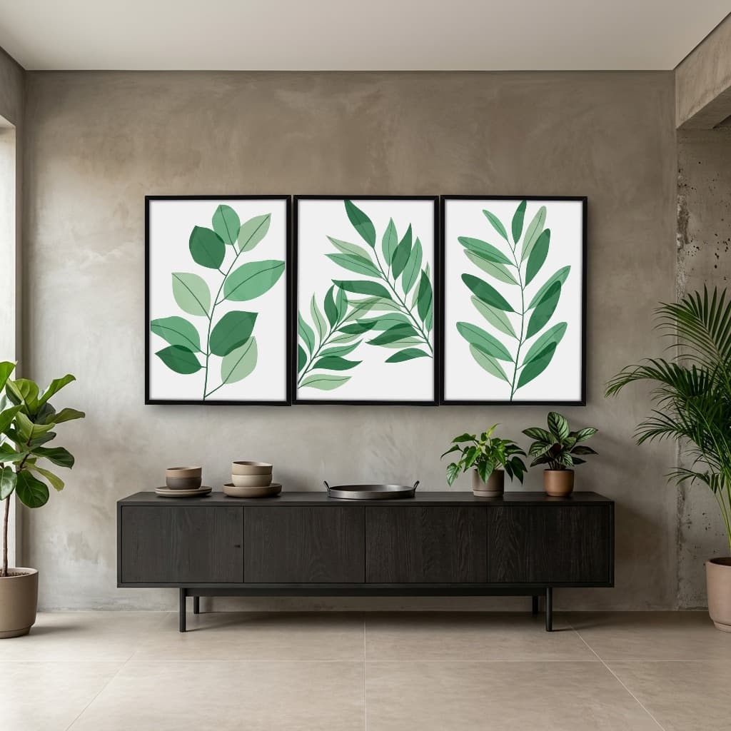 Trio de Quadros Decorativos Plantas Abstratas