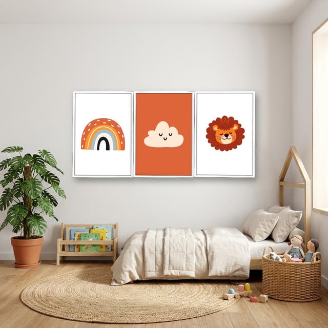 Kit 3 Quadros Decorativos Infantis Leão, Nuvem e Arco-Íris