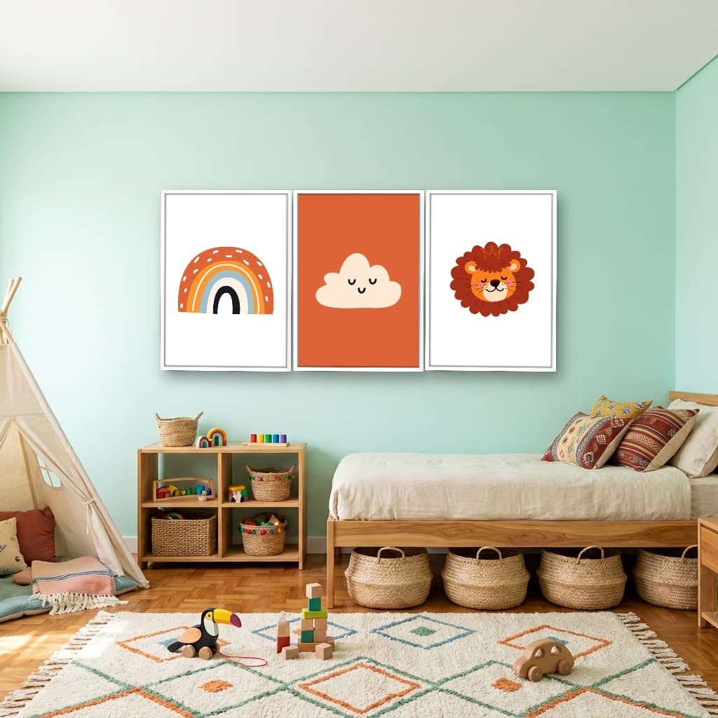 Kit 3 Quadros Decorativos Infantis Leão, Nuvem e Arco-Íris