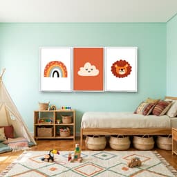Kit 3 Quadros Decorativos Infantis Leão, Nuvem e Arco-Íris