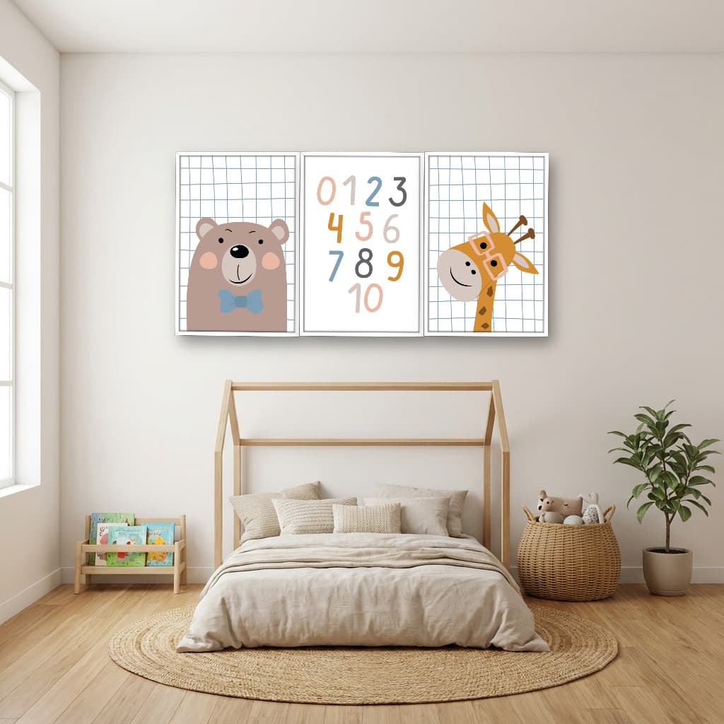 Kit 3 Quadros Decorativos Infantis Urso e Girafa