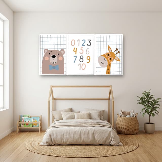 Kit 3 Quadros Decorativos Infantis Urso e Girafa