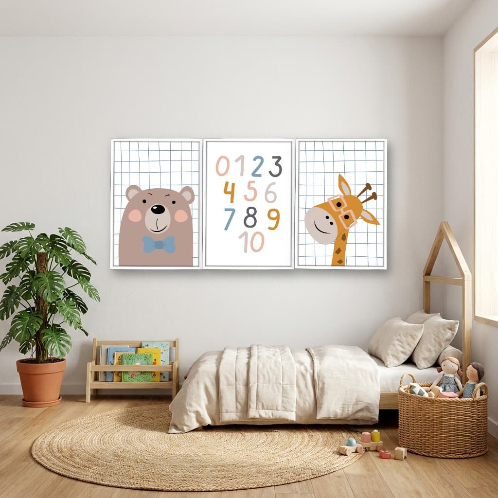 Kit 3 Quadros Decorativos Infantis Urso e Girafa