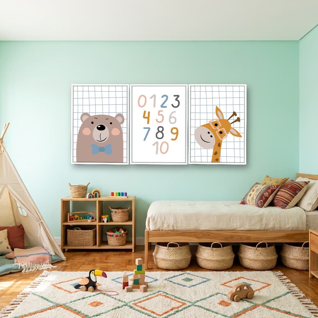 Kit 3 Quadros Decorativos Infantis Urso e Girafa