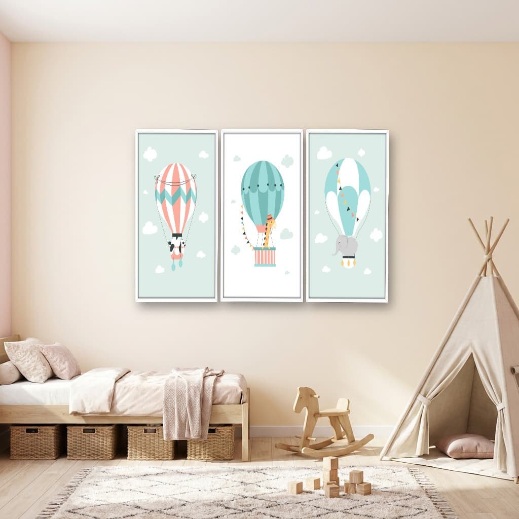 Kit 3 Quadros Decorativos Infantis Balões com Animais