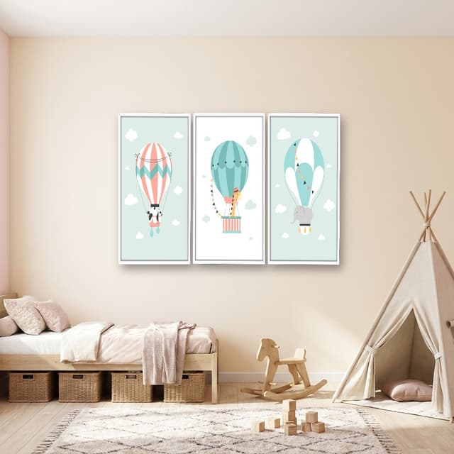 Kit 3 Quadros Decorativos Infantis Balões com Animais