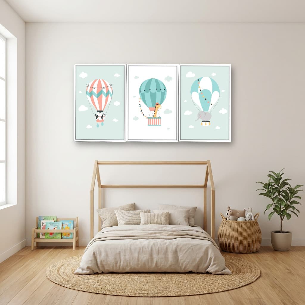 Kit 3 Quadros Decorativos Infantis Balões com Animais