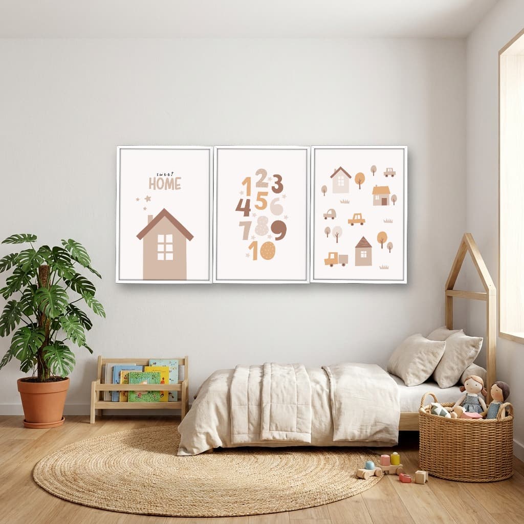 Kit 3 Quadros Decorativos Infantis Casinha e Números