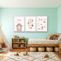Kit 3 Quadros Decorativos Infantis Casinha e Números