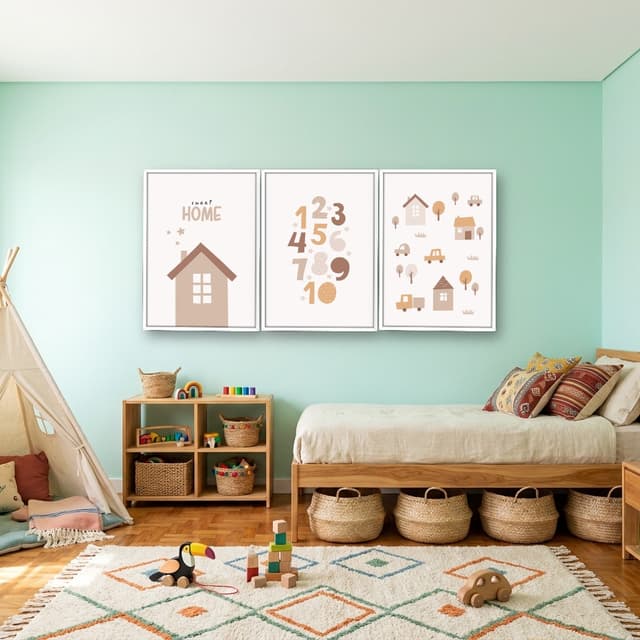 Kit 3 Quadros Decorativos Infantis Casinha e Números