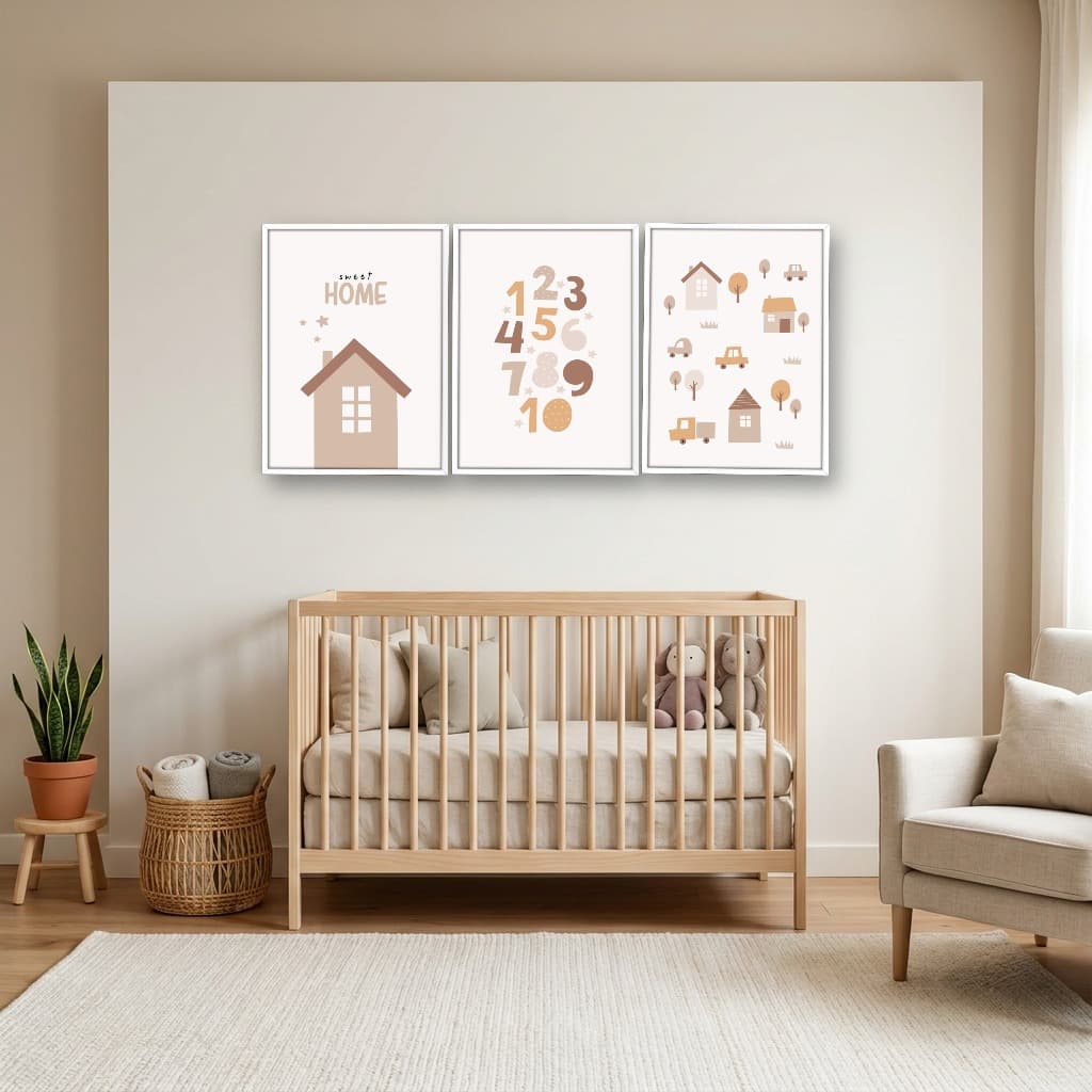 Kit 3 Quadros Decorativos Infantis Casinha e Números