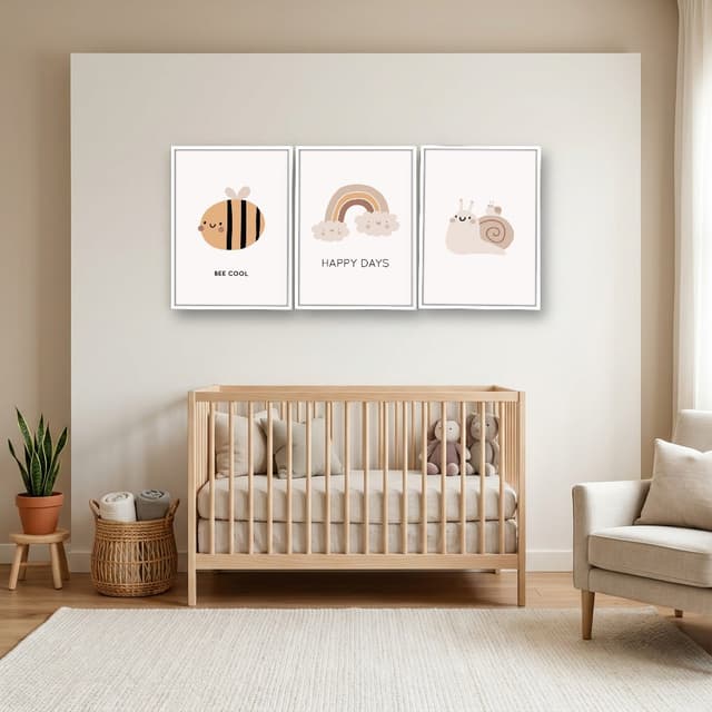 Kit 3 Quadros Decorativos Infantis Abelha, Caracol e Arco-Íris
