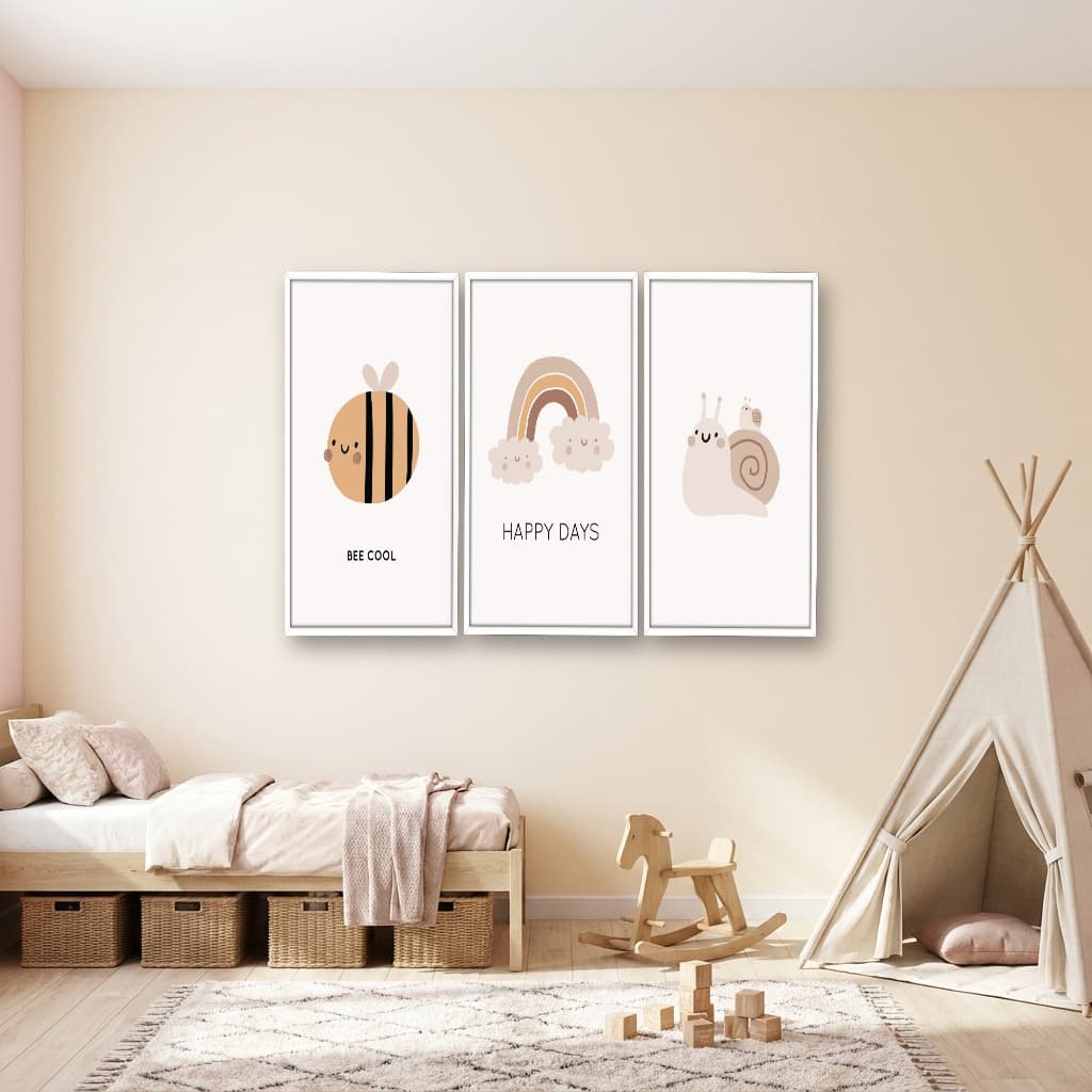Kit 3 Quadros Decorativos Infantis Abelha, Caracol e Arco-Íris
