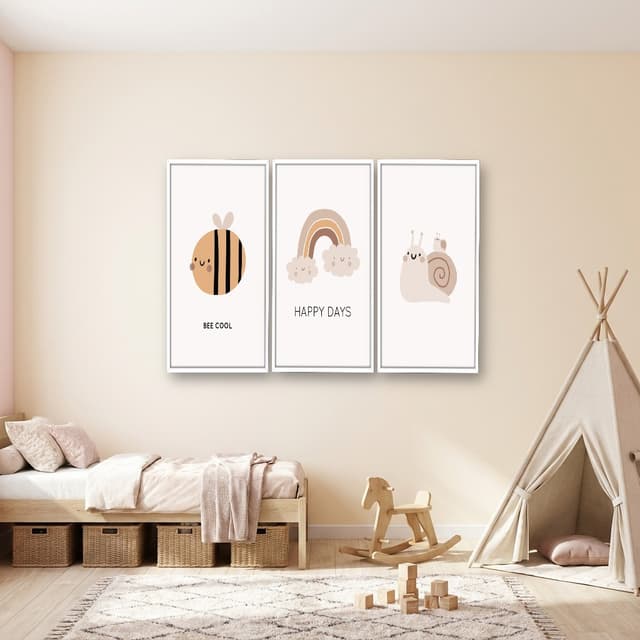 Kit 3 Quadros Decorativos Infantis Abelha, Caracol e Arco-Íris