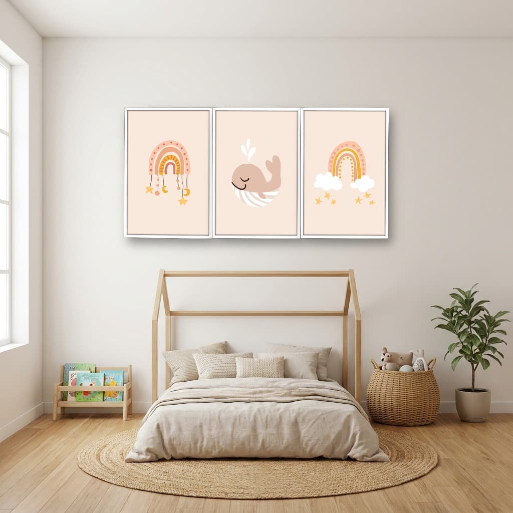 Kit 3 Quadros Decorativos Infantis Baleia e Arco-Íris