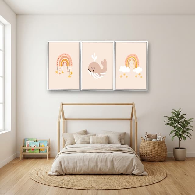 Kit 3 Quadros Decorativos Infantis Baleia e Arco-Íris