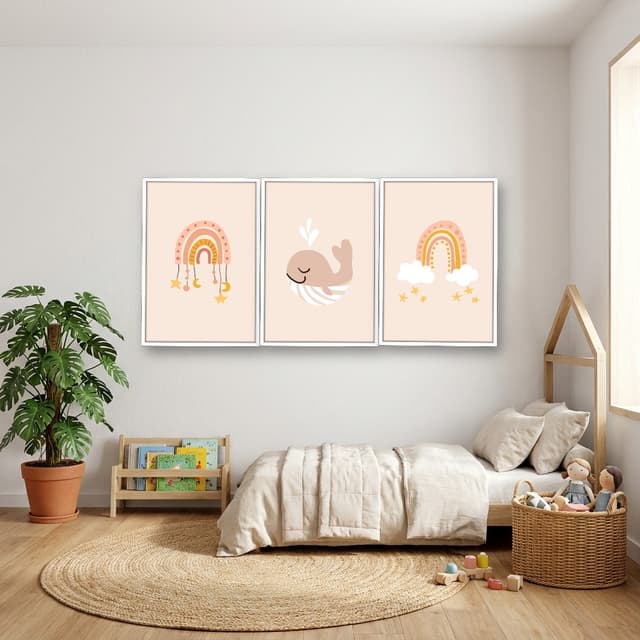 Kit 3 Quadros Decorativos Infantis Baleia e Arco-Íris