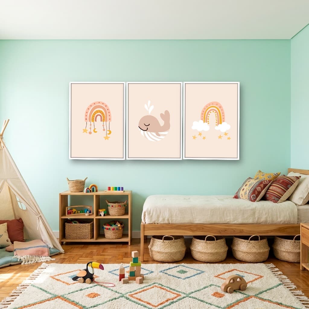 Kit 3 Quadros Decorativos Infantis Baleia e Arco-Íris