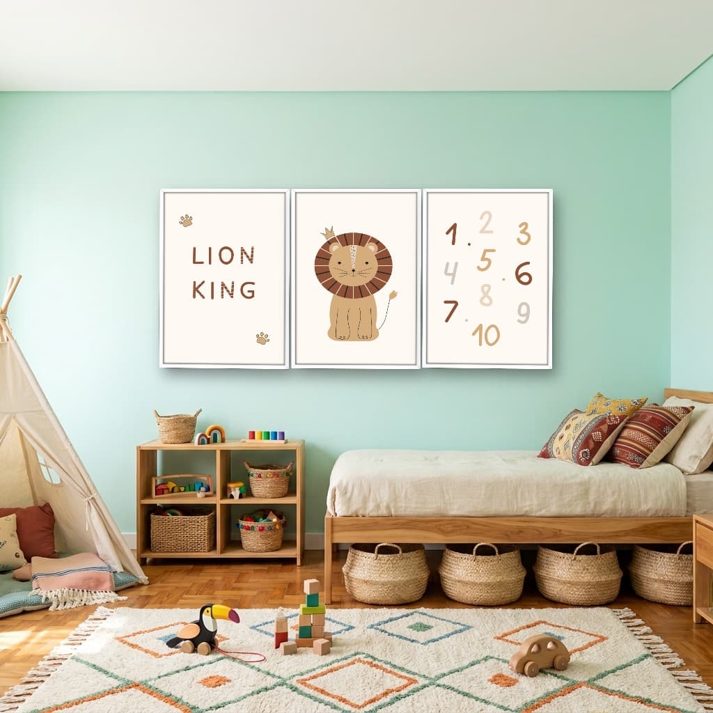 Kit 3 Quadros Decorativos Infantis Leão e Números