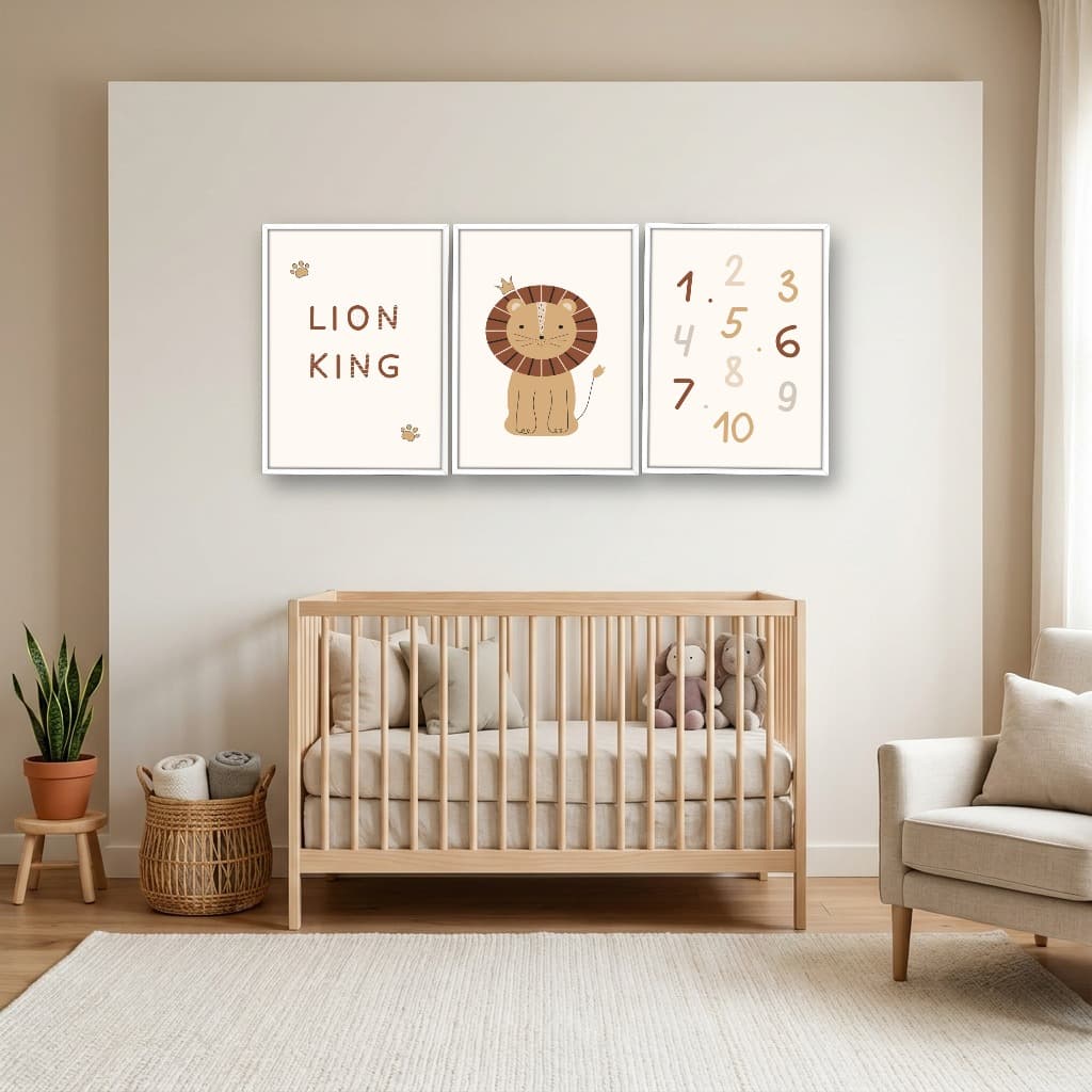 Kit 3 Quadros Decorativos Infantis Leão e Números