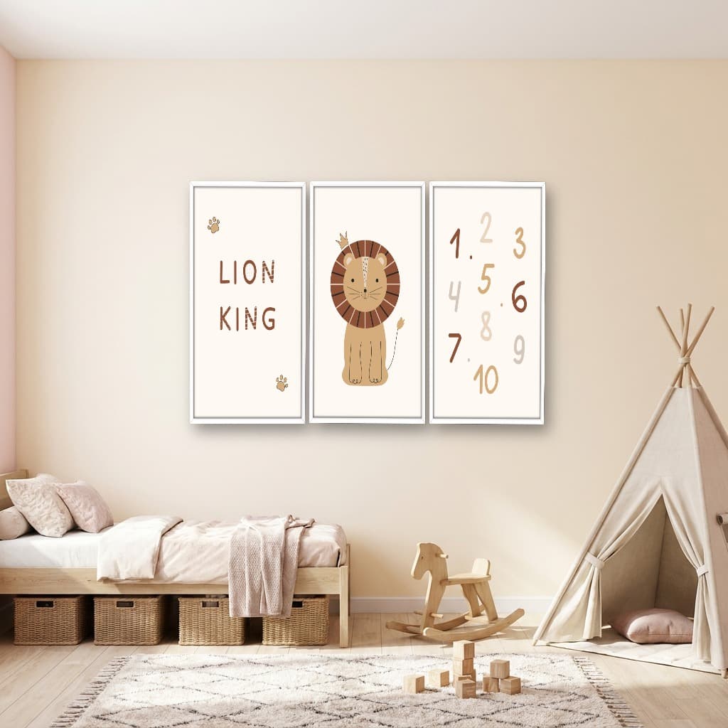Kit 3 Quadros Decorativos Infantis Leão e Números
