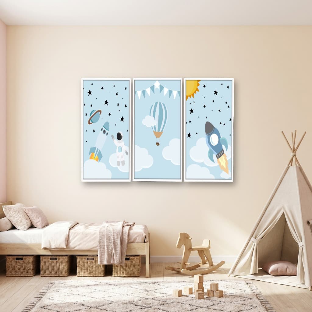 Kit 3 Quadros Decorativos Infantis Planetas e Balão