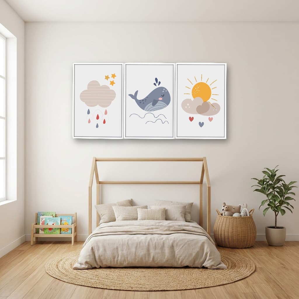 Kit 3 Quadros Decorativos Infantis Baleia e Nuvens