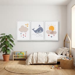 Kit 3 Quadros Decorativos Infantis Baleia e Nuvens