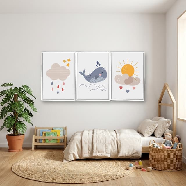 Kit 3 Quadros Decorativos Infantis Baleia e Nuvens