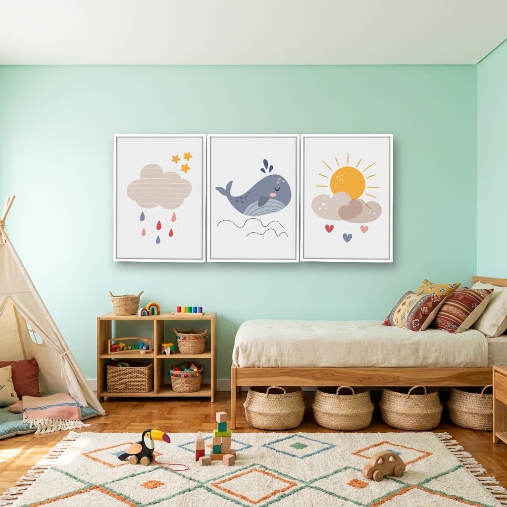 Kit 3 Quadros Decorativos Infantis Baleia e Nuvens