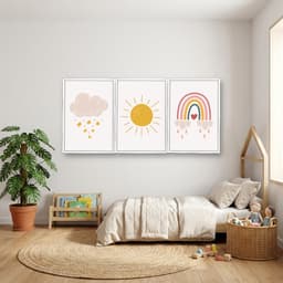Kit 3 Quadros Decorativos Infantis Nuvem, Sol e Arco-Íris