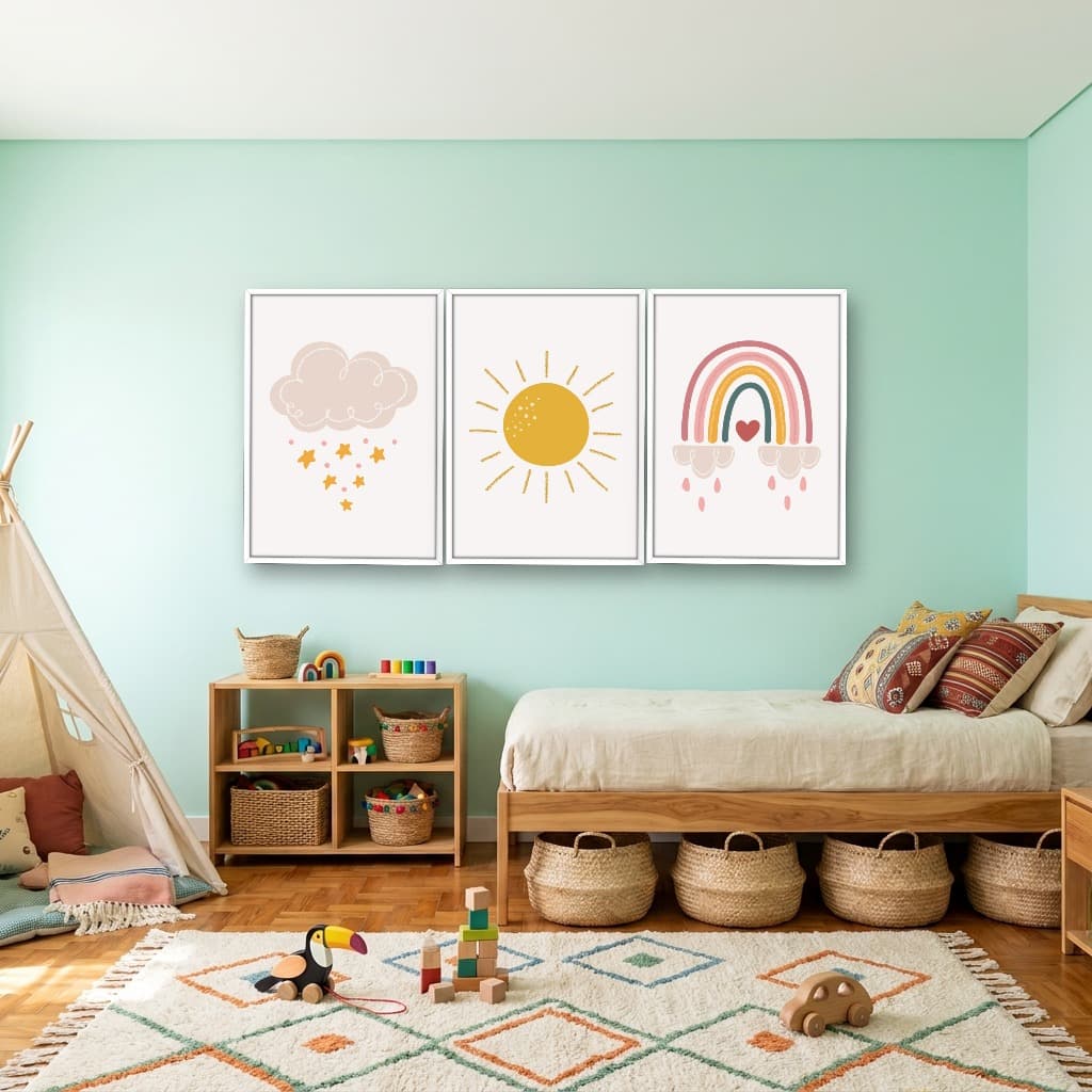 Kit 3 Quadros Decorativos Infantis Nuvem, Sol e Arco-Íris
