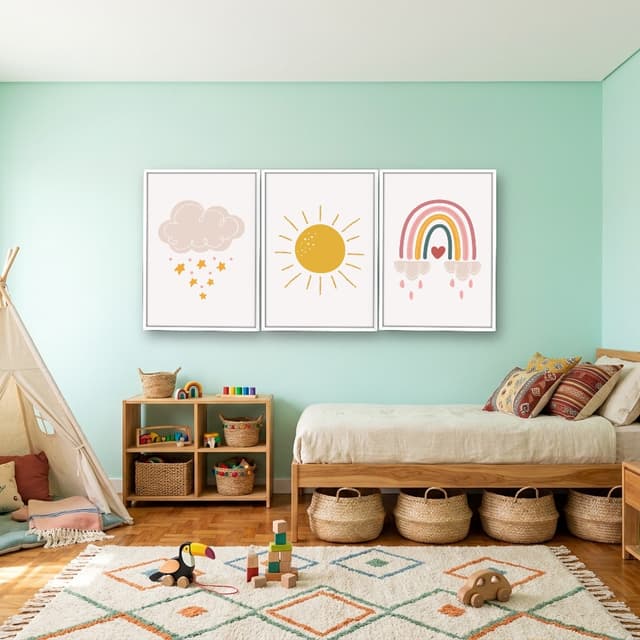 Kit 3 Quadros Decorativos Infantis Nuvem, Sol e Arco-Íris