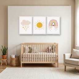 Kit 3 Quadros Decorativos Infantis Nuvem, Sol e Arco-Íris