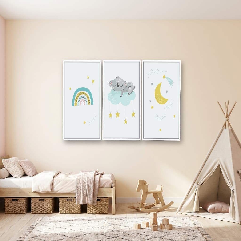 Kit 3 Quadros Decorativos Infantis Preguiça e Arco-Íris