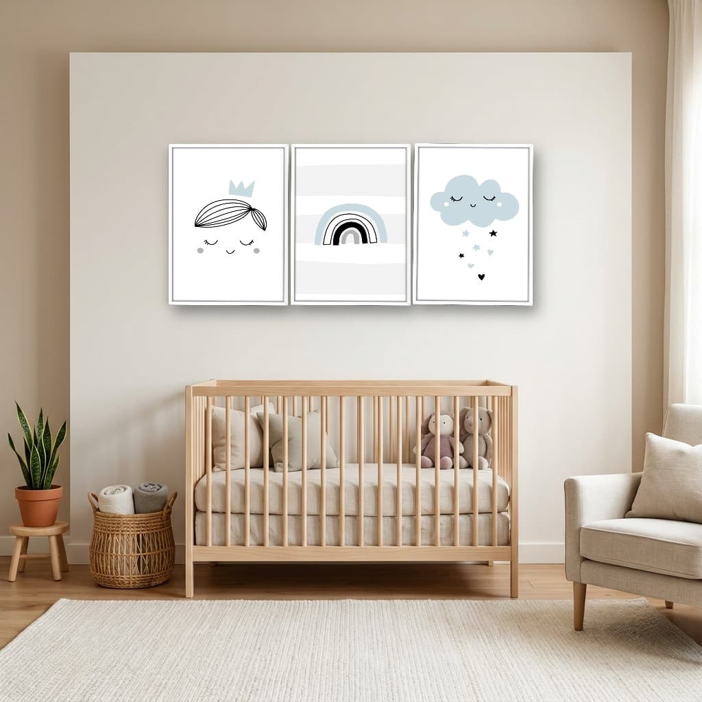 Kit 3 Quadros Decorativos Infantis Nuvem e Arco-Íris