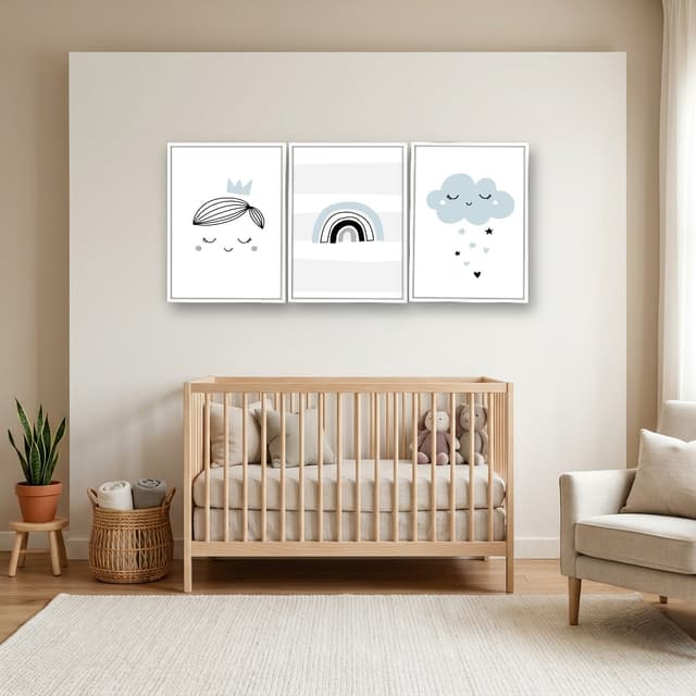 Kit 3 Quadros Decorativos Infantis Nuvem e Arco-Íris