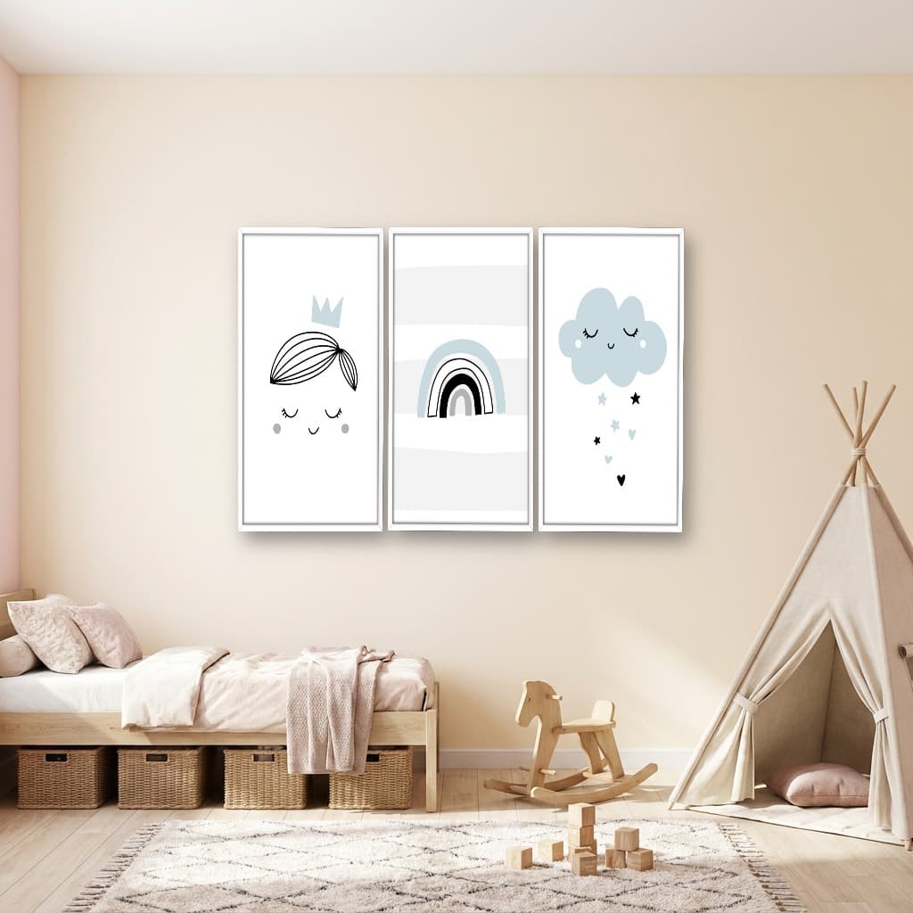 Kit 3 Quadros Decorativos Infantis Nuvem e Arco-Íris