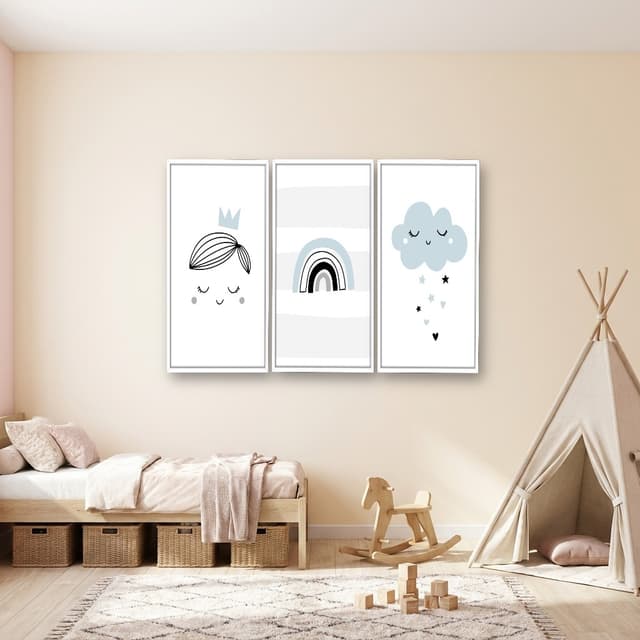 Kit 3 Quadros Decorativos Infantis Nuvem e Arco-Íris