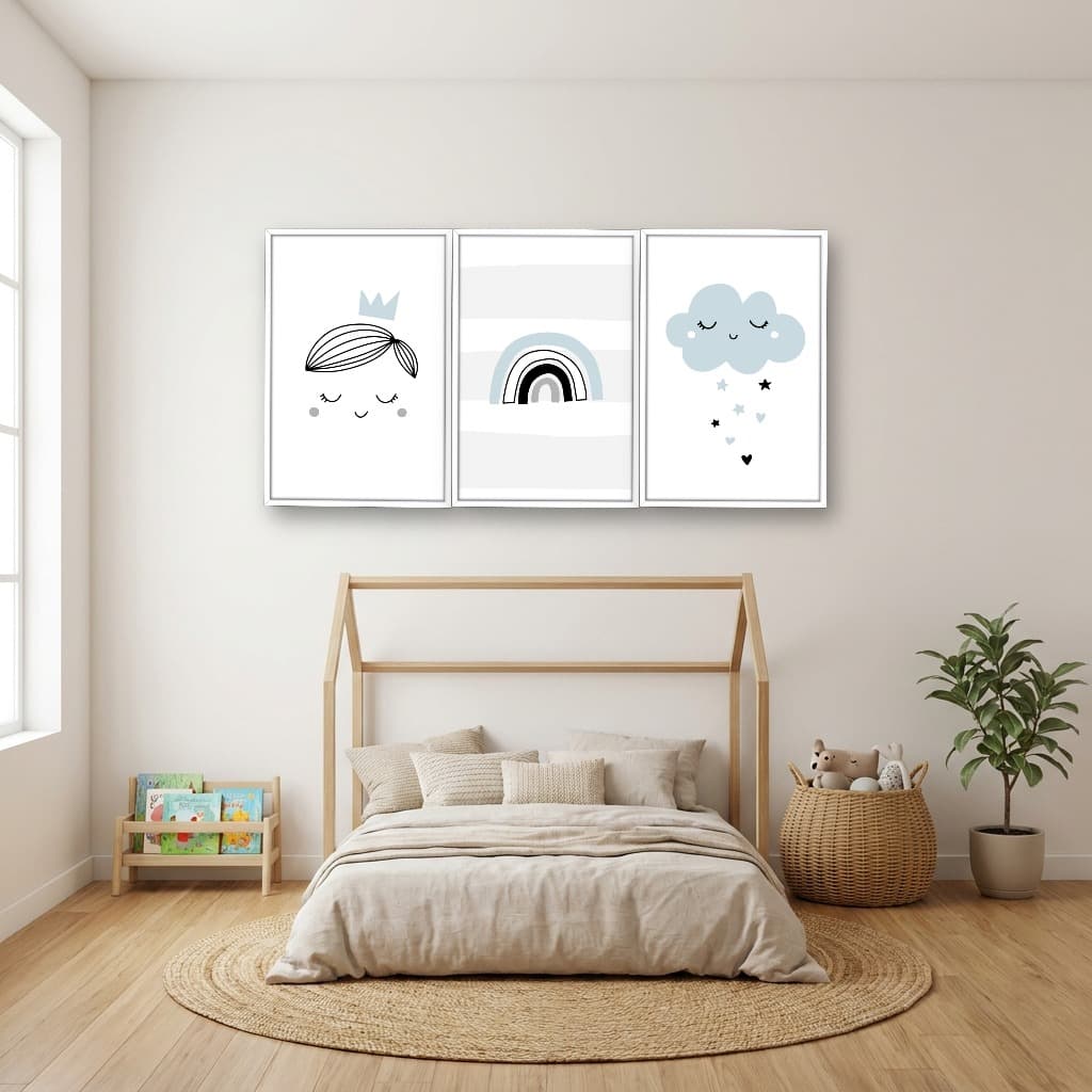 Kit 3 Quadros Decorativos Infantis Nuvem e Arco-Íris