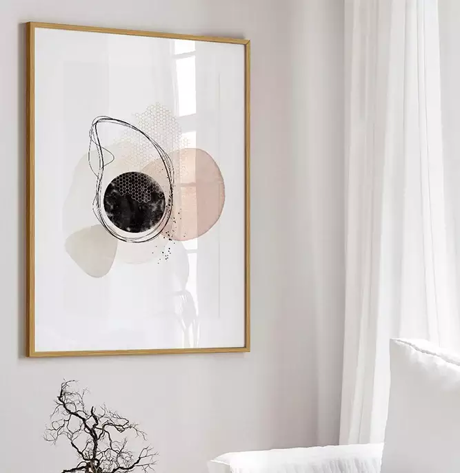Quadro Decorativo Retangular Abstrato Circulo Negro E Formas Organicas Com Linhas
