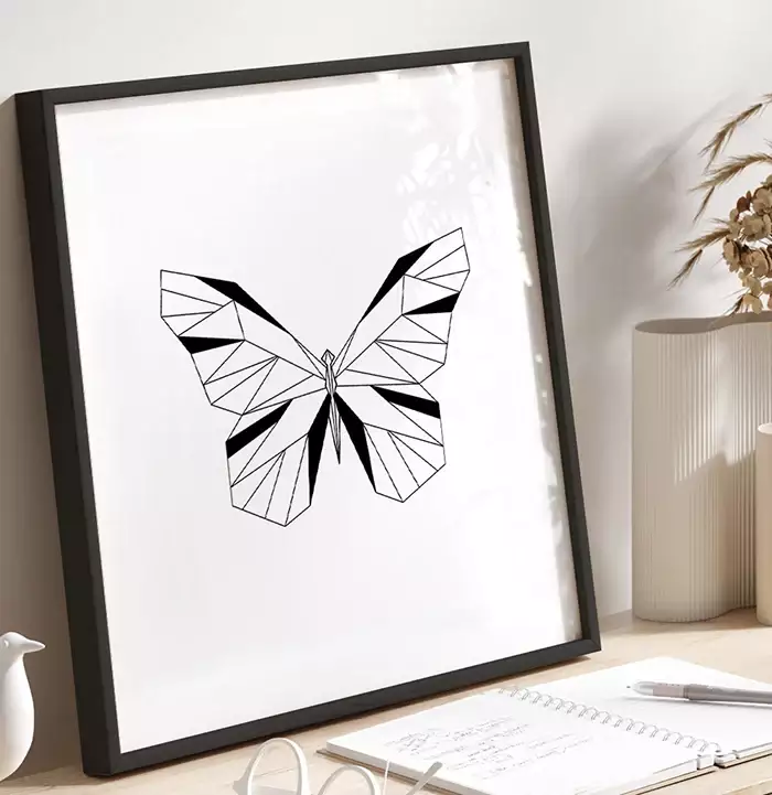 Quadro Decorativo Borboleta Geométrica Minimalista Preto e Branco