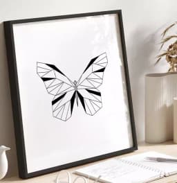 Quadro Decorativo Borboleta Geométrica Minimalista Preto e Branco