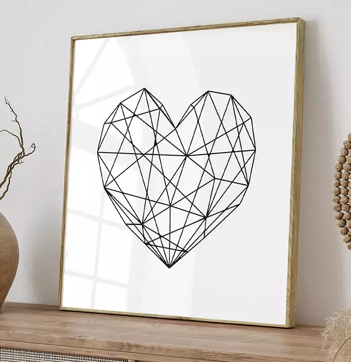 Quadro Decorativo Coração Geométrico Minimalista Preto e Branco