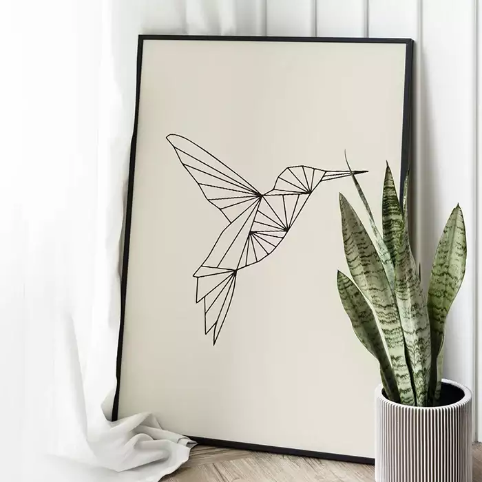 Quadro Decorativo Beija-Flor Voando Geométrico Minimalista