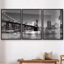 Kit Quadro Decorativo Ponte do Brooklyn Fotografia Noturna