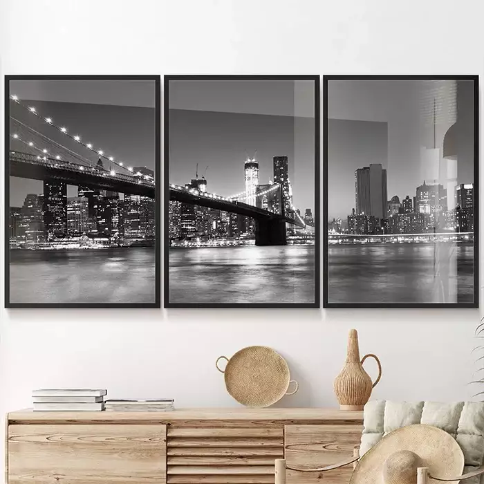 Kit Quadro Decorativo Ponte do Brooklyn Fotografia Noturna