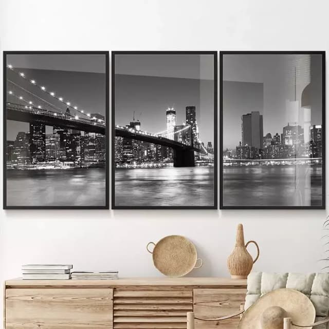 Kit Quadro Decorativo Ponte do Brooklyn Fotografia Noturna