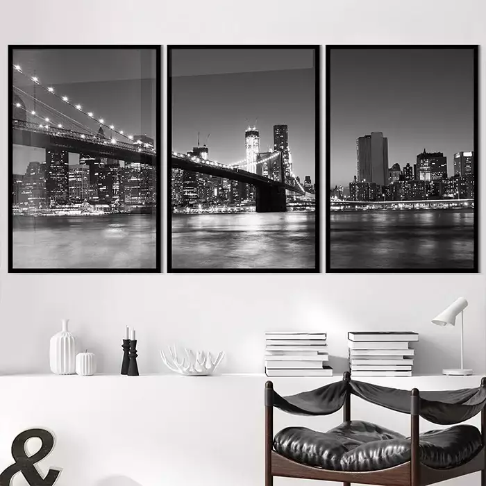 Kit Quadro Decorativo Ponte do Brooklyn Fotografia Noturna
