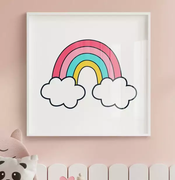 Quadro Decorativo Quadrado Arco Iris Com Nuvens